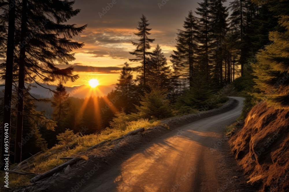 A winding road through a forested mountain area at sunset. A winding road through a forested mountain area at sunset.