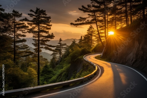 A winding road through a forested mountain area at sunset.