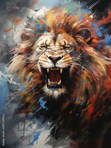 Roaring lion, Performed in an expressive abstract expressionism style. AI generated Images