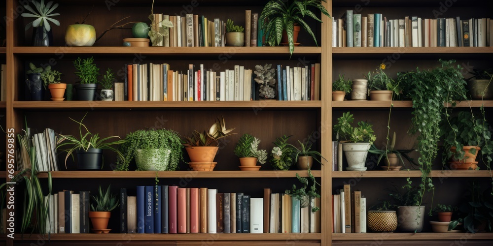 Modern bookshelf with an assortment of plants and books in a cozy setting. - obrazy, fototapety, plakaty 