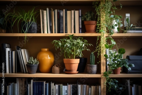 Modern bookshelf with an assortment of plants and books in a cozy setting.