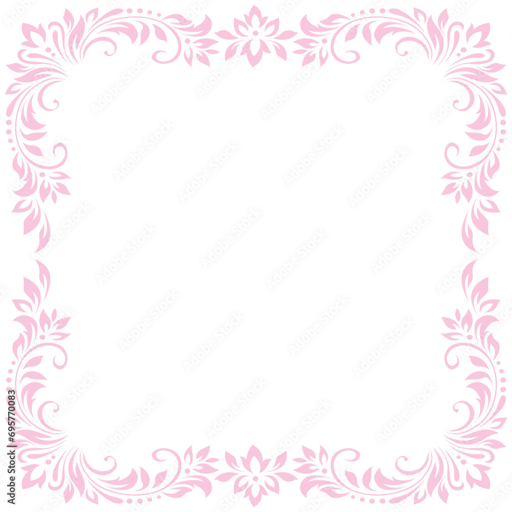 Square vintage frame, border of pink stylized leaves, flowers and curls on white background. Vector delicate backdrop, wallpaper