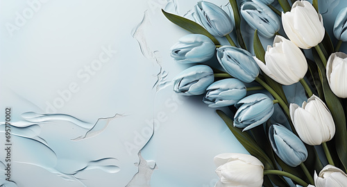 Captivating composition showcases stunning assortment of blue white tulips on plaster backdrop. Perfect mockup for spring celebrations, heartfelt Mothers Day greetings, wedding commemorations photo