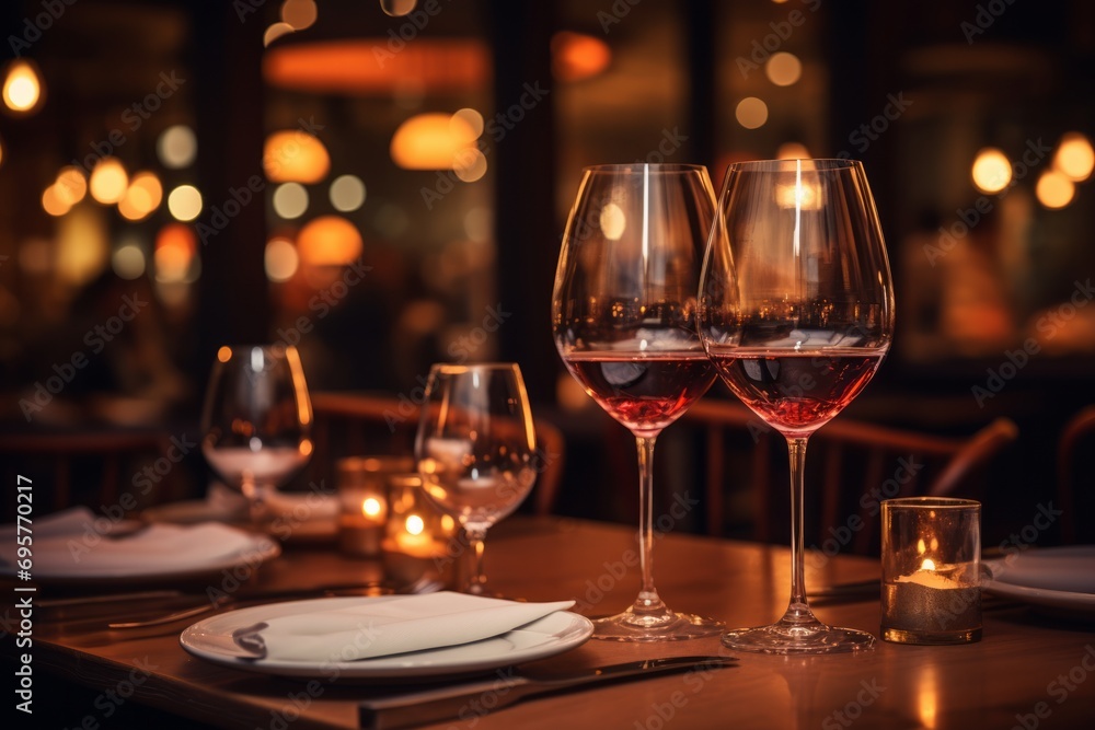 Cozy restaurant setting with wine glasses on tables and warm ambient lighting. Cozy restaurant setting with wine glasses on tables and warm ambient lighting.