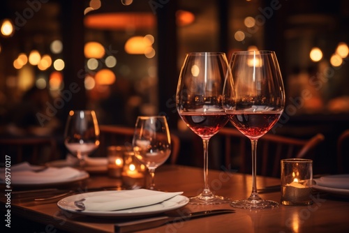 Cozy restaurant setting with wine glasses on tables and warm ambient lighting.