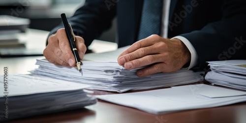 Close-up of a business professional's hands organizing a stack of paperwork on a desk.