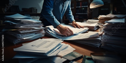 Close-up of a business professional's hands organizing a stack of paperwork on a desk. photo