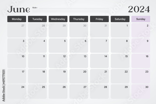 June 2024 calendar or desk planner in soft gray and purple colors with empty note lines, weeks start on Monday, vector illustration design