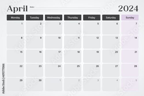 April 2024 calendar or desk planner in soft gray and purple colors with empty note lines, weeks start on Monday, vector illustration design