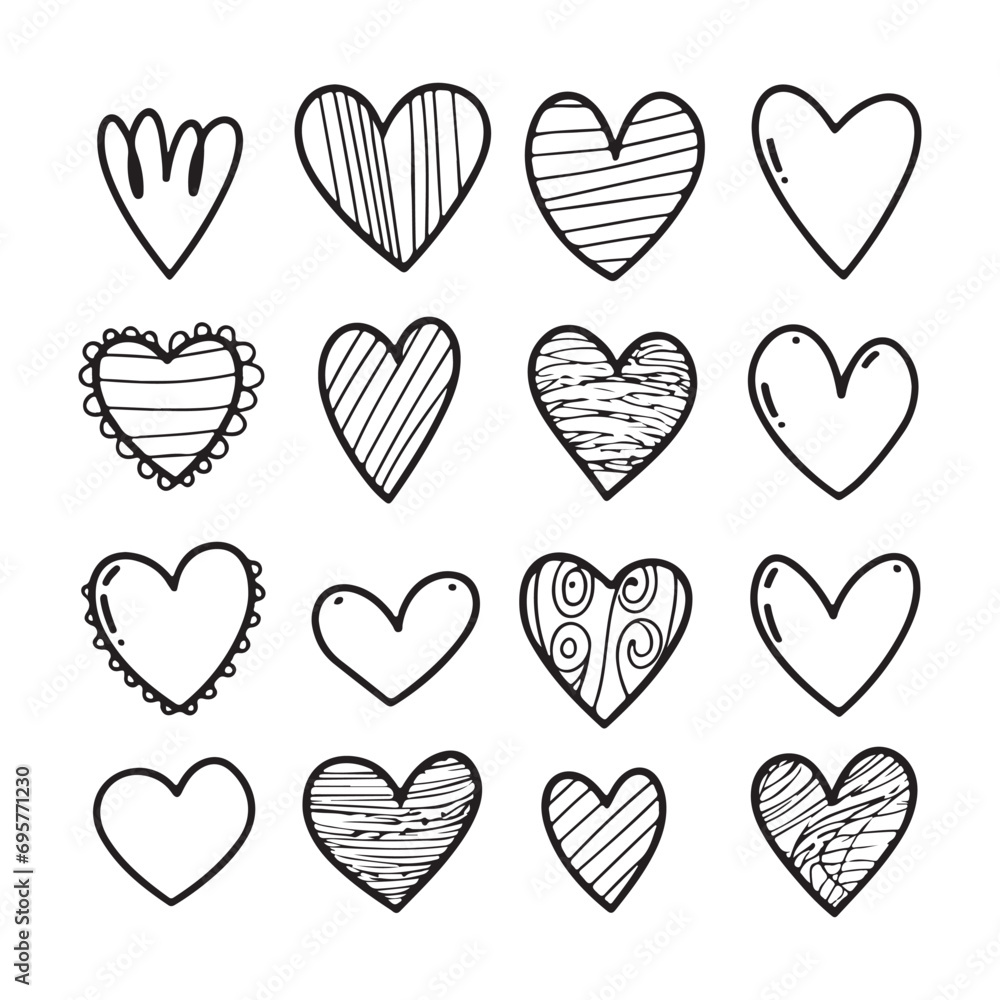 hand draw black vector heart set isolated on white background. Silhouette hearts illustration.