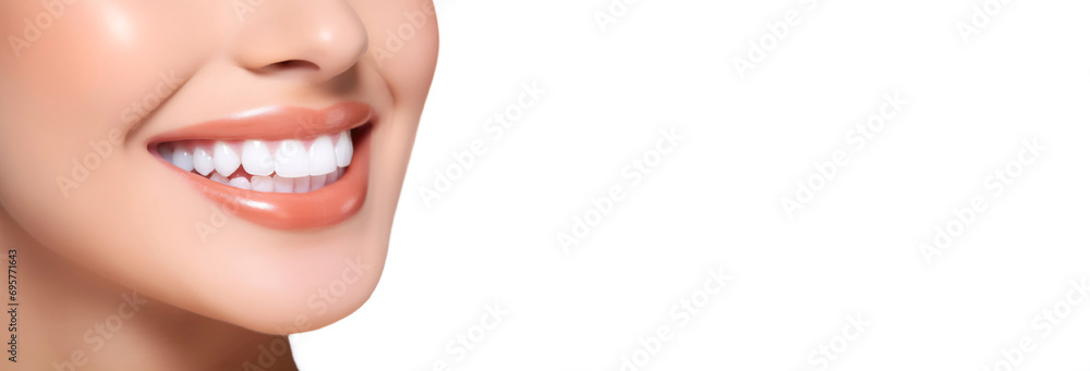Close-up of a beautiful fresh smile of a woman on a white. Oral hygiene, teeth whitening, dentistry Close-up of a beautiful fresh smile of a woman on a white. Oral hygiene, teeth whitening, dentistry