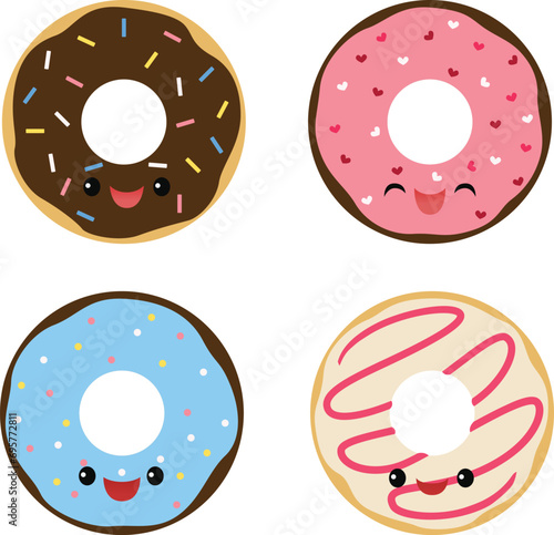 Set of four cute smiling donuts