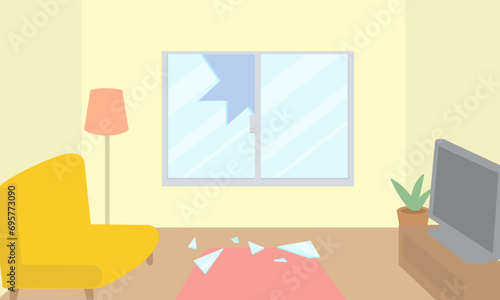 窓ガラスが割られた部屋のイラスト