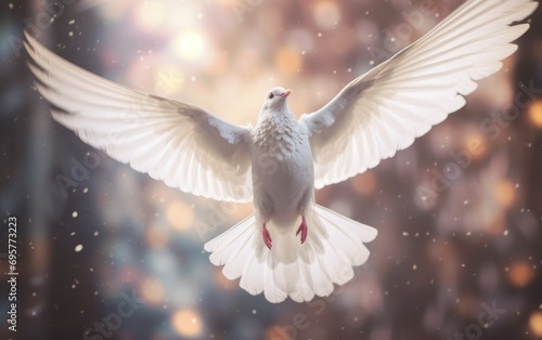 Dove fly in the air with wings wide. Peace and freedom concept. generative ai