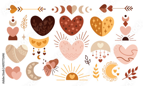 Boho heart clipart. Valentines day clip art. Valentine hearts in cartoon flat style. Bohemian love vector illustration