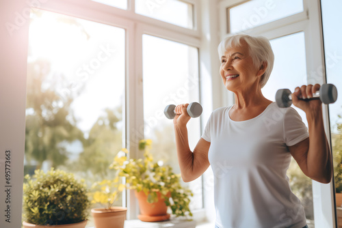 Senior Caucasian woman doing exercise with dumbbell at home photo