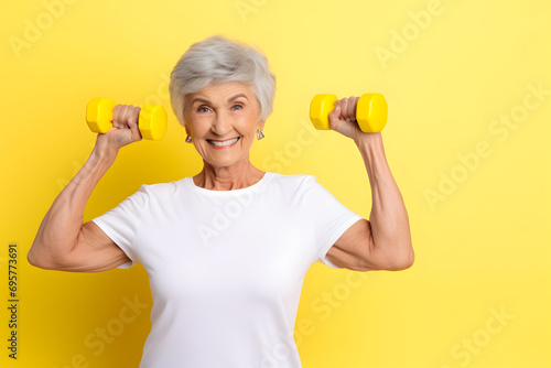 Senior Caucasian woman doing exercise with dumbbell