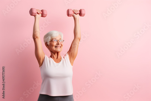 Senior Caucasian woman doing exercise with dumbbell photo