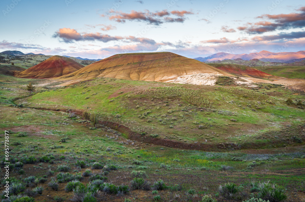 Fototapeta premium Morning View of Grasslands and Painted Hills Unit of John Day Fossil Beds National Monument