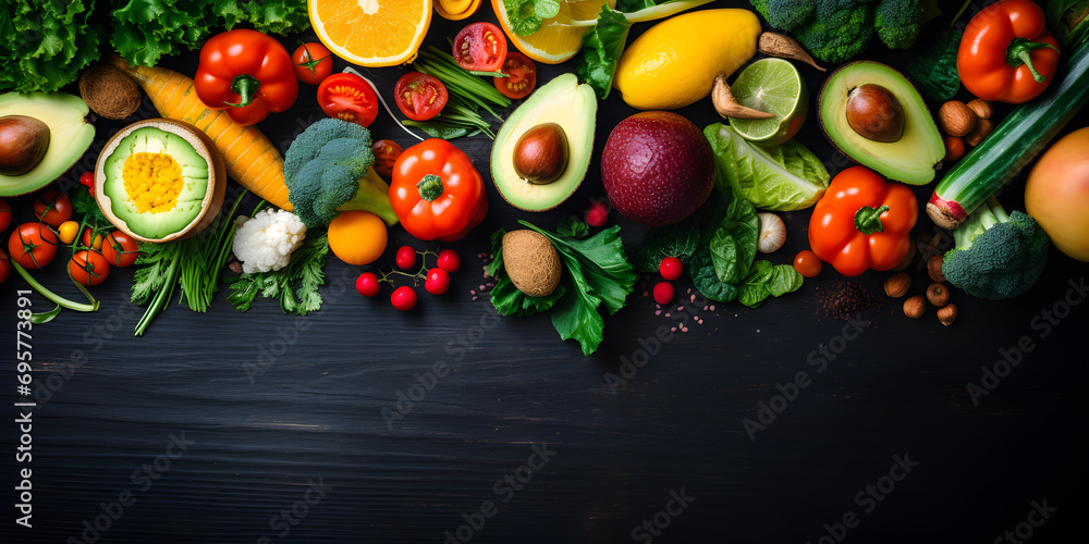 Flatlay of various vegetables and fruits Flatlay of various vegetables and fruits