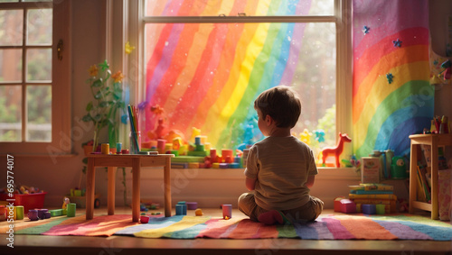 A child sits peacefully in a room full of colorful toys, gazing out of a window where light casts a rainbow glow