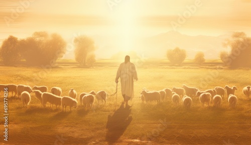 A bible jesus shepherd with his flock of sheep during sunset. Generative AI photo
