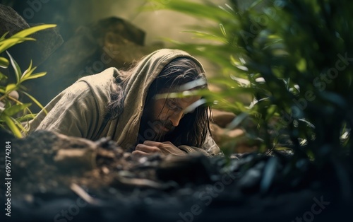 Jesus prays in garden of gethsemane. generative ai photo