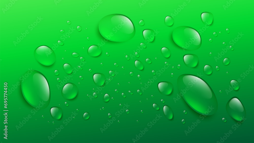 Fresh green wallpaper of shiny transparent water droplets
