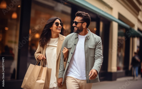 Happy indian couple enjoying shopping together. photo