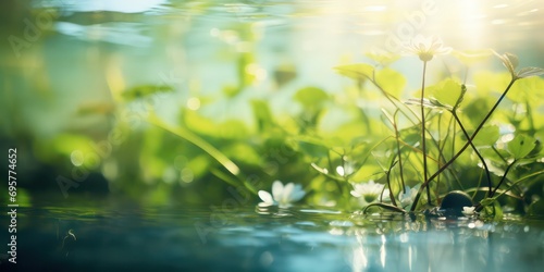 Abstract and blurred natural background featuring water and plant. photo