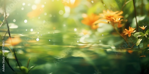 Abstract and blurred natural background featuring water and plant.