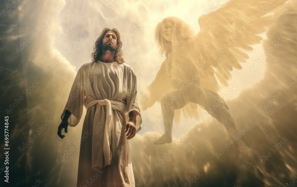 Obraz premium Jesus fights the devil. generative ai