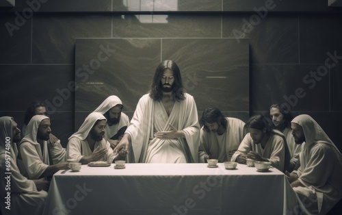 The last supper the religious concept of the assembly of jesus christ with the 12 apostles. generative ai photo