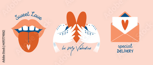 Happy Valentine's Day to illustrations. Cute cartoon clip arts with open mouth and tongue out, white doves with heart, open envelope with love letter. Romantic badges with birds, greetings, lettering.