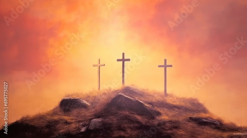 crucifixion of jesus christ at sunrise three crosses on hill. generative ai