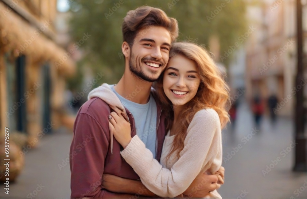 Cheerful lovely young couple hugging to each other and looking at the camera outdoors from AI Generated Cheerful lovely young couple hugging to each other and looking at the camera outdoors from AI Generated