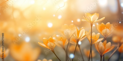 The essence flower of spring with a refreshing background with sunlight shimmering and creating a defocused effect #695775460