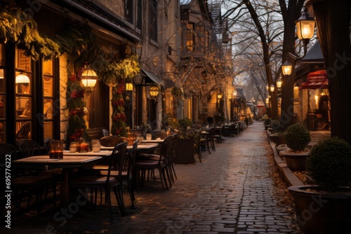 Historic district adorned with fairy lights, casting a warm glow over the restaurants, Generative AI © Shooting Star Std