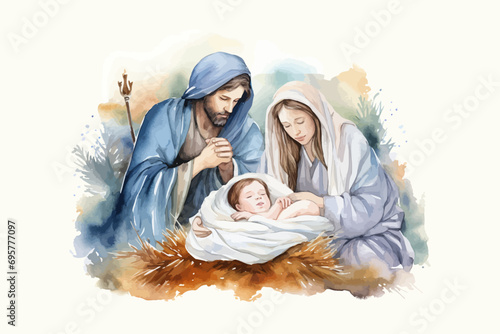 Christmas Nativity Scene. Watercolor. Vector illustration design.