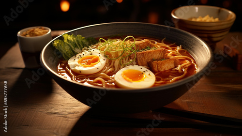 Traditional ramen bowl topped with flavorful ingredients