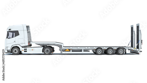Truck with Lowboy Flatbed Trailer 3D rendering on white background