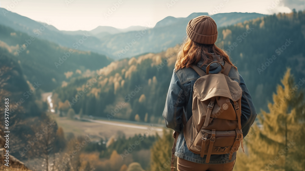 candid shot from the back of a young woman traveler in vintage style with a tourist backpack looking at the stunning view of the mountains and forest. travel and hiking concept. copy space. - obrazy, fototapety, plakaty 