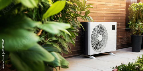 air source heat pump, AC unit installed outdoors at home photo