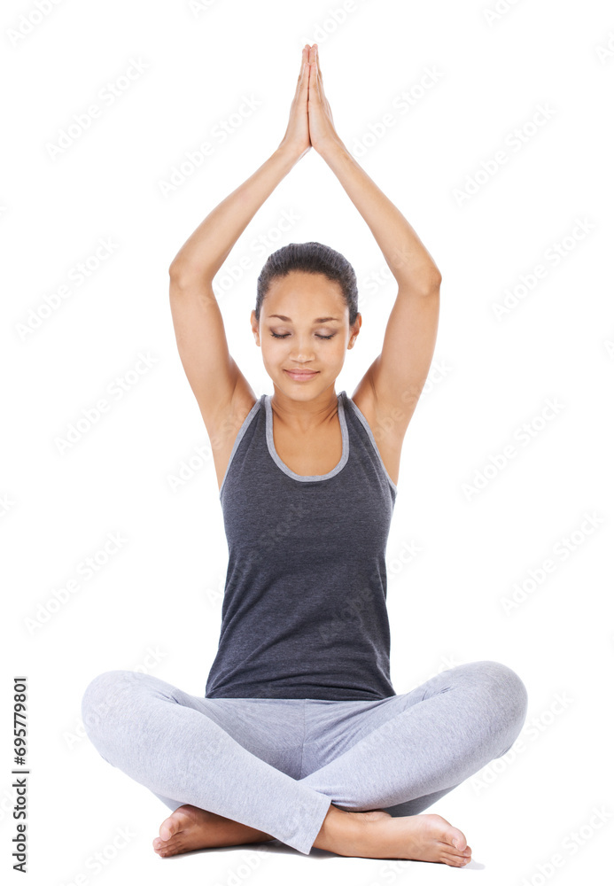 Woman, meditation and prayer hands in studio for mindfulness, yoga and holistic workout or mental health wellness. Young person with namaste for peace, zen exercise and balance on a white background Woman, meditation and prayer hands in studio for mindfulness, yoga and holistic workout or mental health wellness. Young person with namaste for peace, zen exercise and balance on a white background