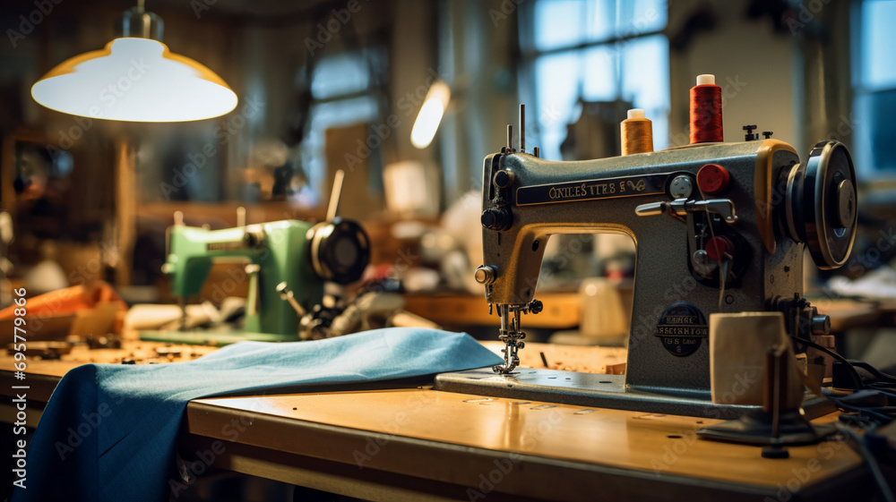 Sewing machine and equipment on table in dressmaking workshop, AI Generative. Sewing machine and equipment on table in dressmaking workshop, AI Generative.