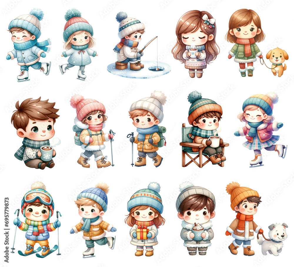 Watercolor Cute Kids in Winter Season Set. Set of Winter Kids Clipart. Winter Season Concept. Watercolor Cozy Kids in Winter Season Illustrations. Watercolor Cute Kids in Winter Season Set. Set of Winter Kids Clipart. Winter Season Concept. Watercolor Cozy Kids in Winter Season Illustrations.