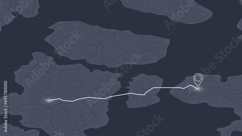 The path from a point to the intended goal, destinations, signs. roads throughout map. Navigation mapping technology for obtaining data on distance and turns of the path. location tracks dashboard