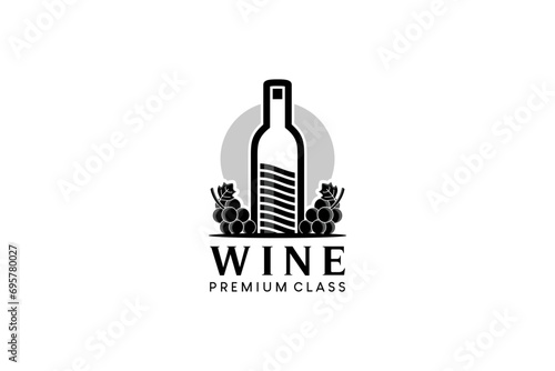 Black and white wine and bottle logo design, restaurant and bar drink symbol