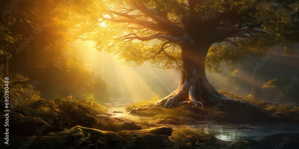 The tree basks in the warm embrace of sunshine in the heart of a wild forest.