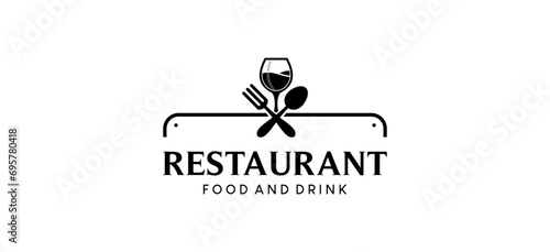 Restaurant logo with cutlery and glass vector silhouette symbol, food and drink logo template